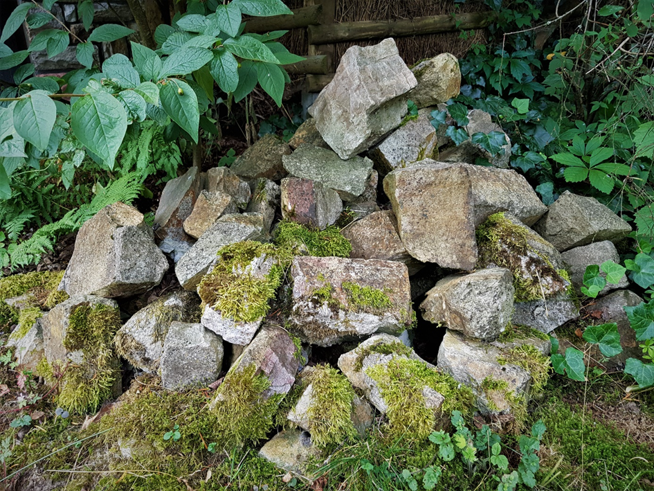 Steinhaufen Lebensraum im Schatten für Kröte Molche Käfer